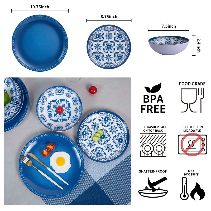 Webbylee Melamine Dinnerware Set -12pcs Outdoor and Indoor Plates and Bowls Set ,Service for 4, Dishwasher Safe, Blue Flower - Image 2